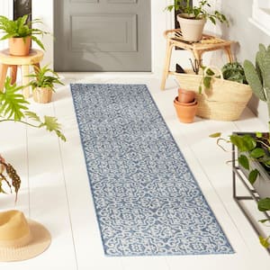 Patio Country Danica Blue/Grey 2 ft. x 7 ft. Geometric Indoor/Outdoor Area Rug