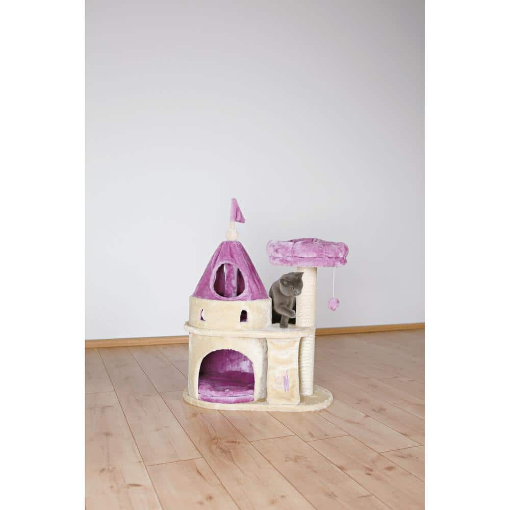 Beige and Lilac Plush Castle Cat Tree with Sisal Post