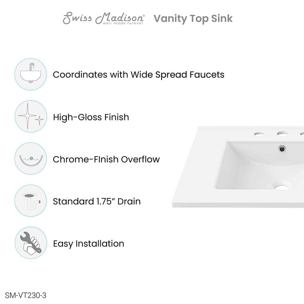 White Ceramic 30" Vanity Top Bathroom Sink with Three Holes