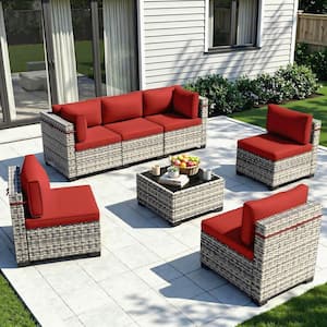 muphyers 7-Piece Wicker Outdoor Sectional Set Sofa Couch with Grey