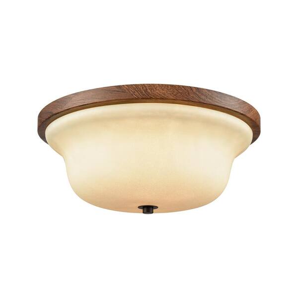 Thomas Lighting Park City 2-Light Oil Rubbed Bronze With Wood Grain And Light Beige Scavo Glass Flushmount