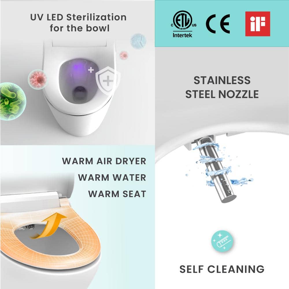 White Elongated Smart Bidet Toilet Seat with Heated Seat and LED Light