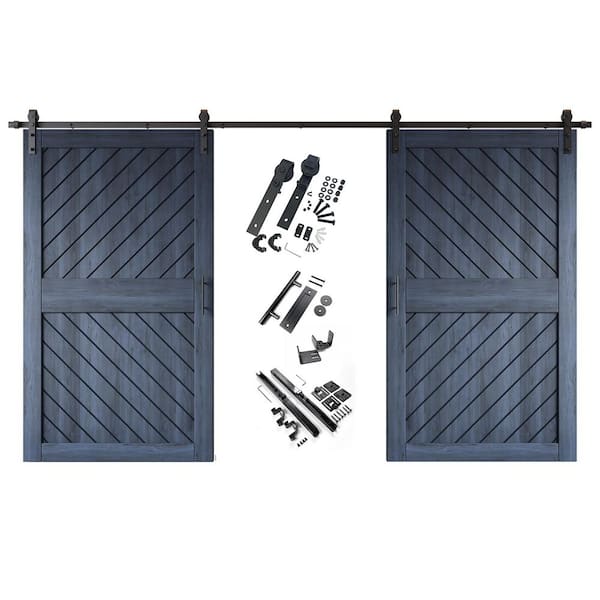 HOMACER XT3 42 in. x 84 in. C-Panel Navy Slanted Stripe Design Double Pine Wood Sliding Barn Door with Hardware Kit
