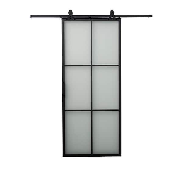 TRUporte Tribeca 36 in. x 84 in. 6-Lite Frosted Glass Black Finished Aluminum Framed Sliding Barn Door with Hardware Kit