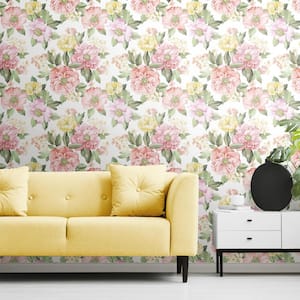 Watercolor Floral Bouquet Pink and Yellow Peel and Stick Wallpaper (Covers 28.29 sq. ft.)