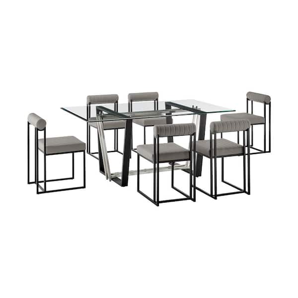 Armen Living Kai Anastasia 7-Piece Light Gray Faux Leather Black and Glass Top Dining Set Seats 6