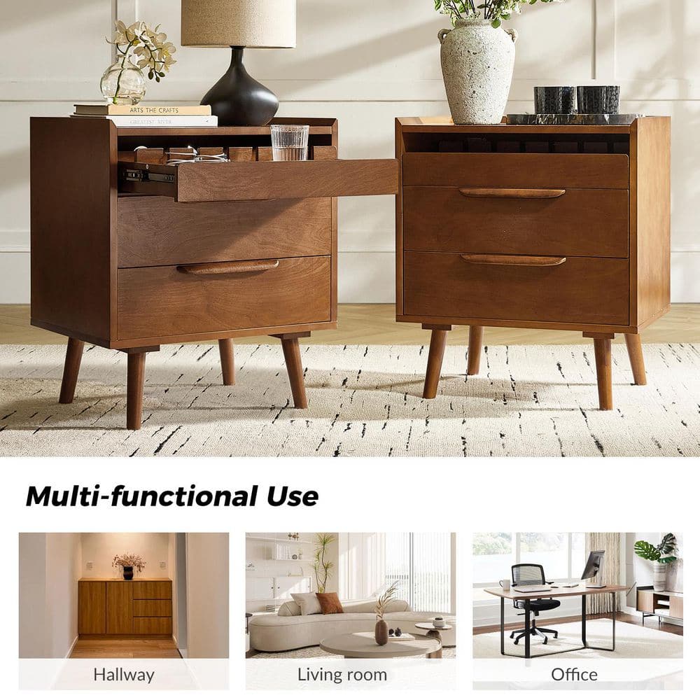 Kate Walnut Mid-century Style 3-Drawer 24 in. W Nightstand with Solid Wood Legs Set of 2 - thumbnail 6