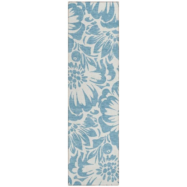 Denim and Ivory 2 ft. x 8 ft. Woven Floral Runner Indoor/Outdoor Area Rug