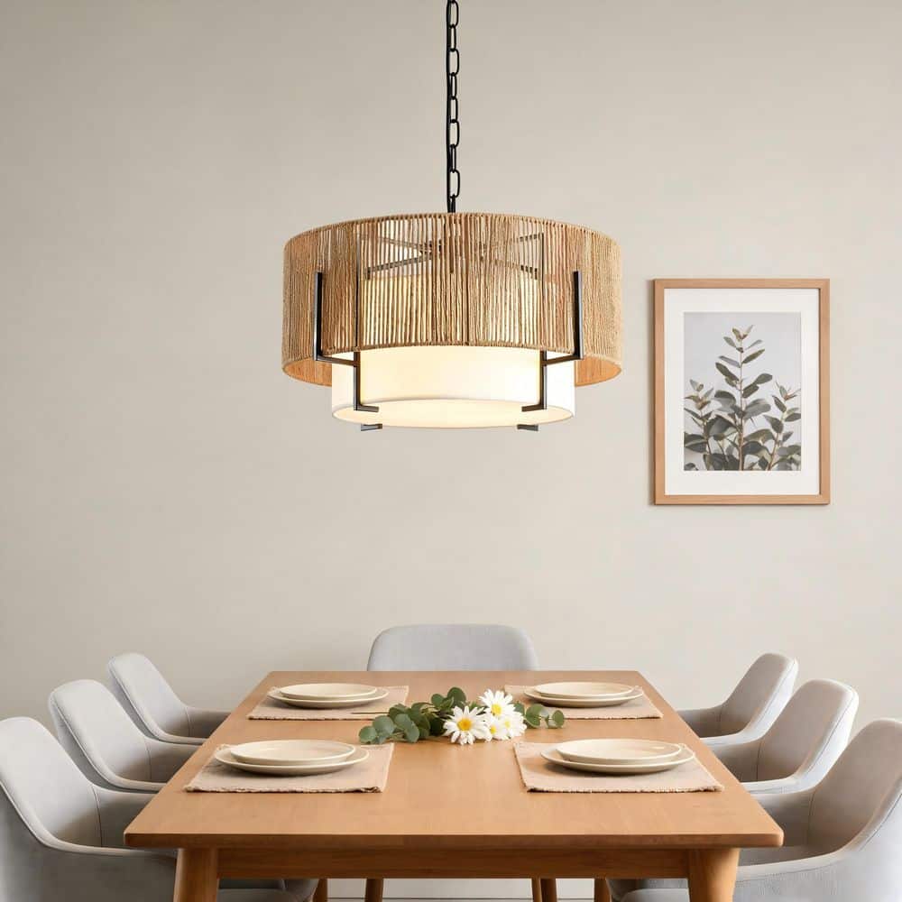 4-Light Farmhouse Matte Black Drum Chandelier with Woven Paper Rope Shade and White Fabric Liner, E26 Sockets price history on PriceWatchPro