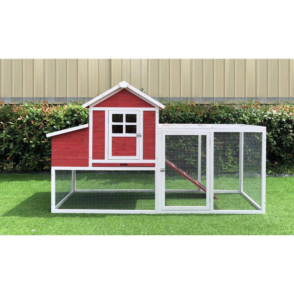 Red and White Elevated Wooden Chicken Coop with Mesh Run