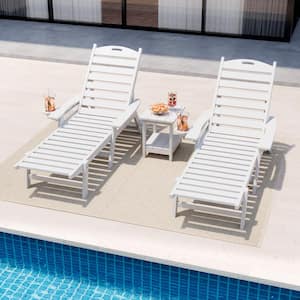 3-Piece White HDPE Plastic Outdoor Patio Reclining Chaise Lounge Chairs and Side Table Set