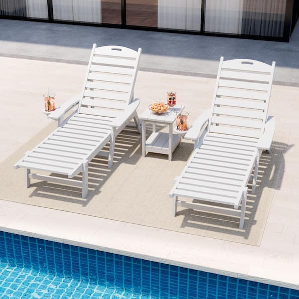 PamaPic 3-Piece White HDPE Plastic Outdoor Patio Reclining Chaise Lounge Chairs and Side Table Set