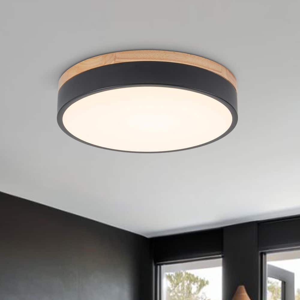 Lumin 1-Light 11.8 in. W Matte Black Selectable CCT Color Changing LED Round Wood Ceiling Flush Mount Light Fixture price history on PriceWatchPro
