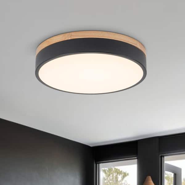 Lumin 1-Light 11.8 in. W Matte Black Selectable CCT Color Changing LED Round Wood Ceiling Flush Mount Light Fixture