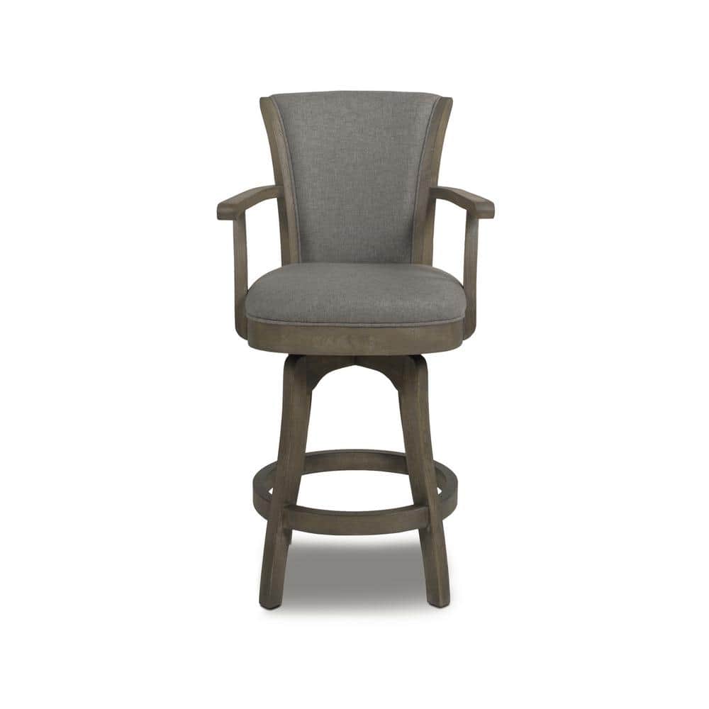 Vintage Chic Gray Leather & Oak Swivel Bar Stool with Brass Accents