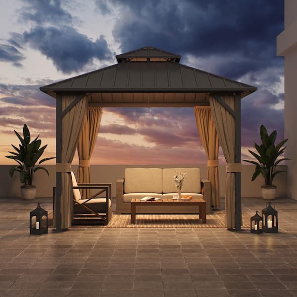 10 ft. x 10 ft. Metal Gazebo With Double Steel Roof, Mosquito Netting and Curtains