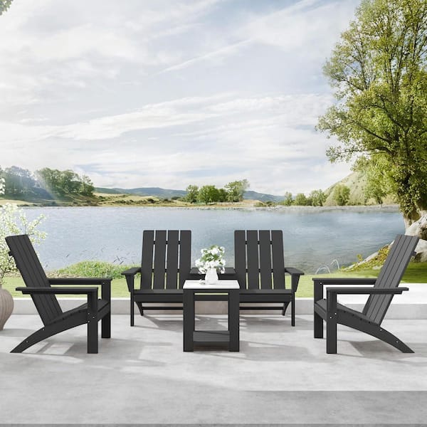 4-Seat Dual-Mode Black Classic HDPE Poly Plastic Outdoor Adirondack Chair Set with 3 Chairs and 2 Side Tables, Patio.