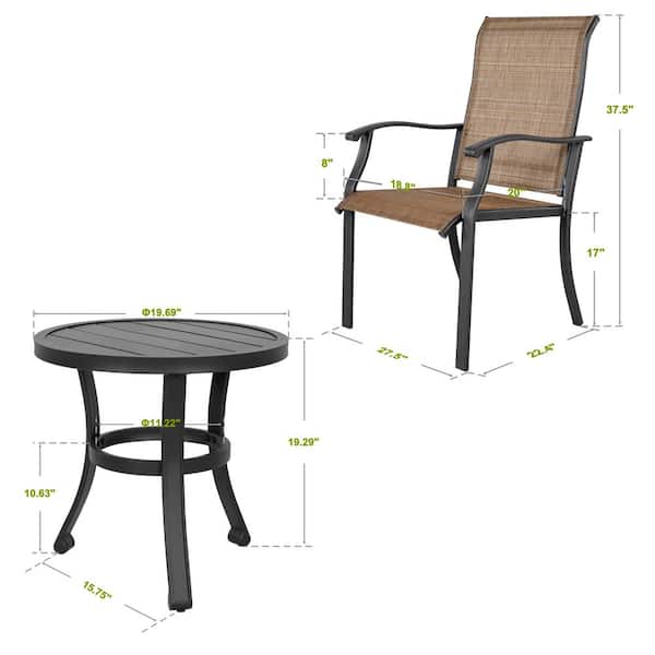 3-Piece Metal Outdoor Bistro Set Patio Furniture with Round Coffee Table and Textilene Armchairs in Brown