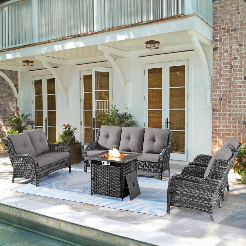 Pocassy 5Piece Gray Wicker Outdoor Patio Fire Pit Seating Set with