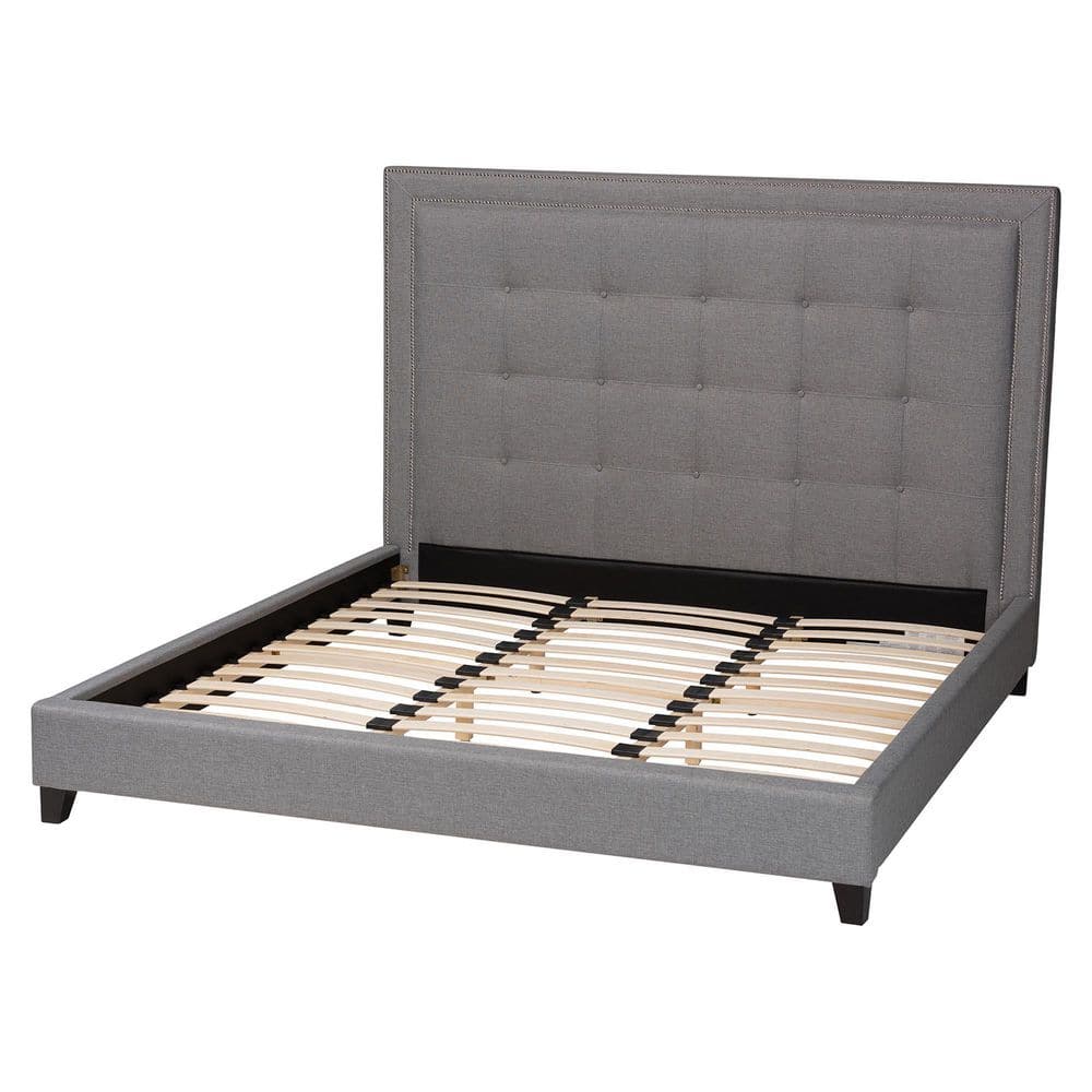 Elegant Gray Linen King Platform Bed with Tufted Headboard and Nailhead Trim