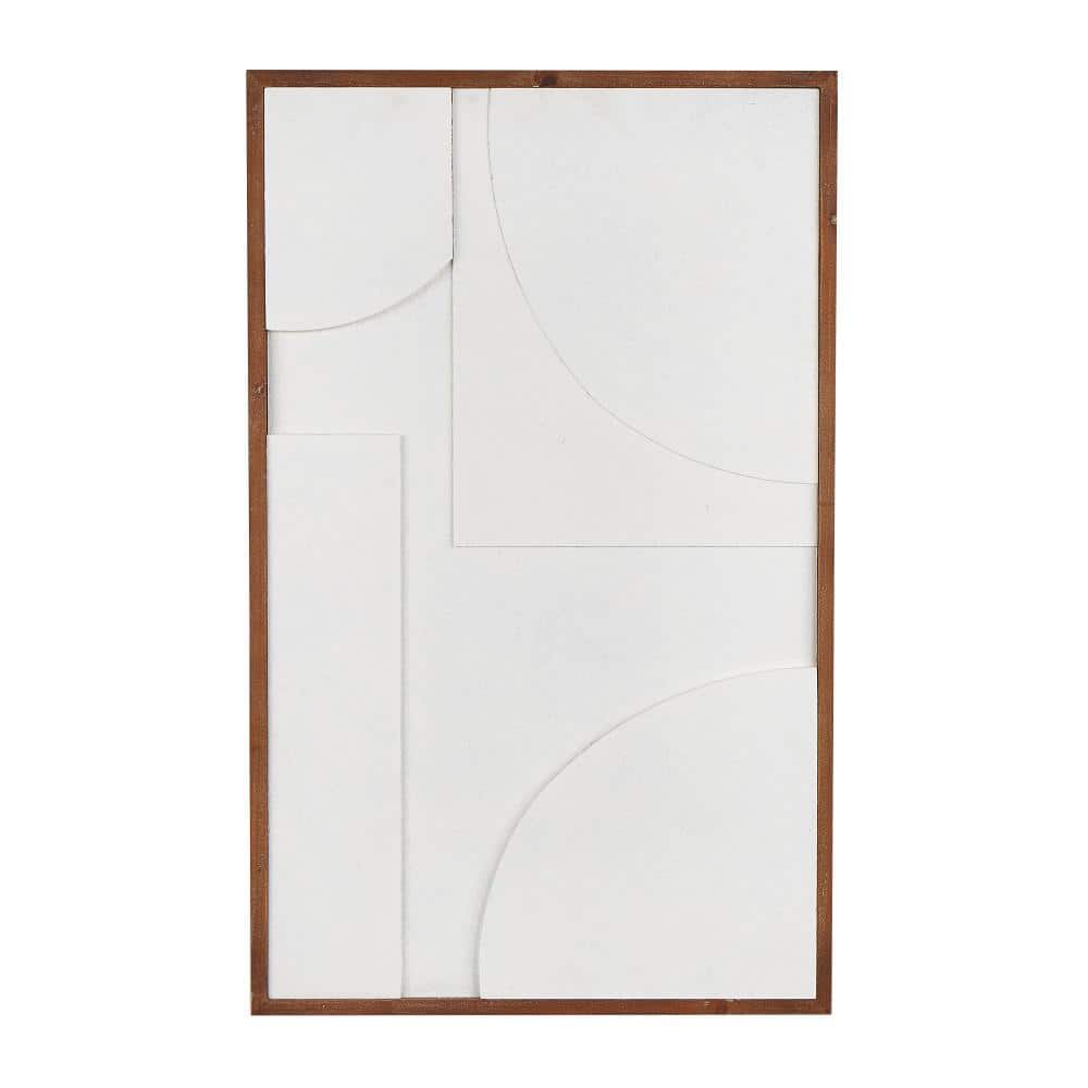 White Geometric Textured Wall Art with Brown Solid Wood Frame
