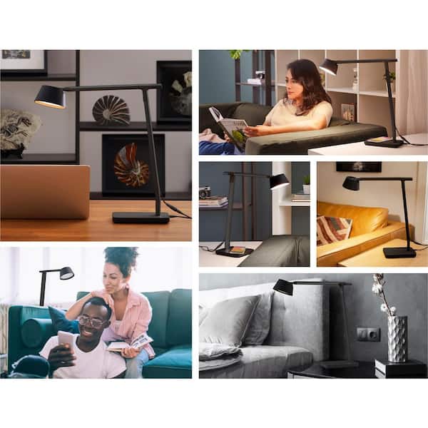 17 in., Black, Indoor, Desk Lamp with Qi Wireless Charger, Indoor, Automatic Circadian Lighting