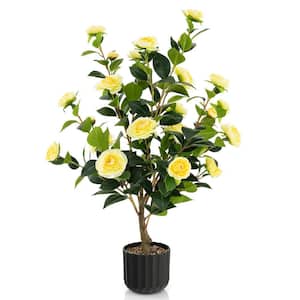 38 in. Yellow Artificial Camellia Tree Topiary Faux Floral Plant Fake Tree for Decoration in Pot