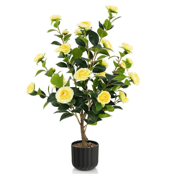 Gymax 38 in. Yellow Artificial Camellia Tree Topiary Faux Floral Plant Fake Tree for Decoration in Pot