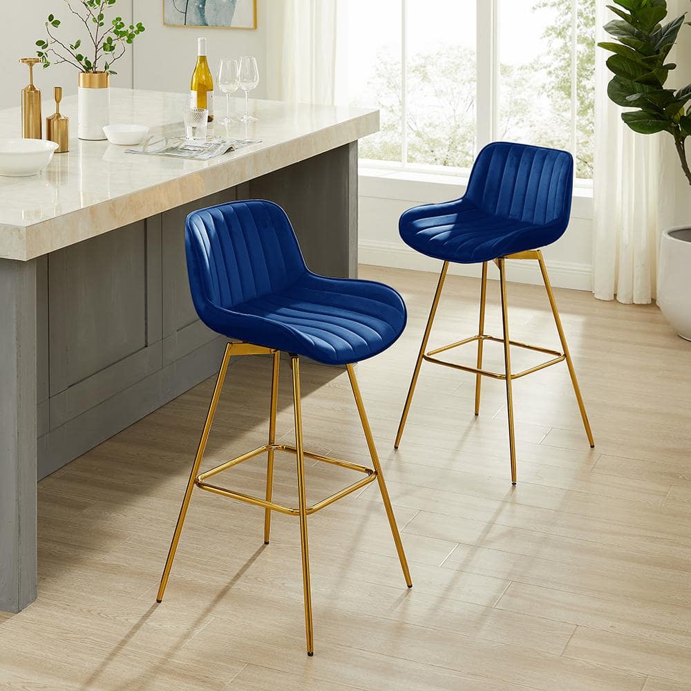 Elegant Blue Velvet Swivel Counter Height Bar Stools with Golden Metal Legs