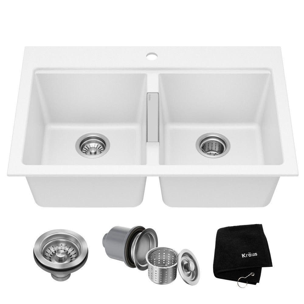 Dcolora 33 Inch White Granite Composite Kitchen Sink - Undermount Single Bowl Workstation, Matte Finish, 80% Quartz, Large Capacity (33"W X 19"D X 10"H)