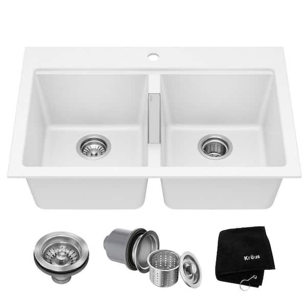 Quarza 33 in. Drop-in/Undermount 50/50 Double Bowl White Granite Composite Kitchen Sink