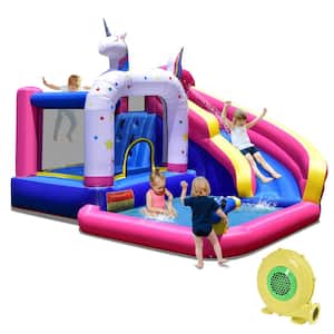 Unicorn Theme Inflatable Water Slide Kids Bounce Castle Bounce House with 480-Watt Air Blower