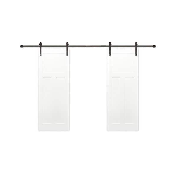 Pacific Entries 60 in. x 80 in. Bi-Parting Shaker 3-Panel Solid Core Primed Pine Sliding Barn Door with Bronze Hardware Kit