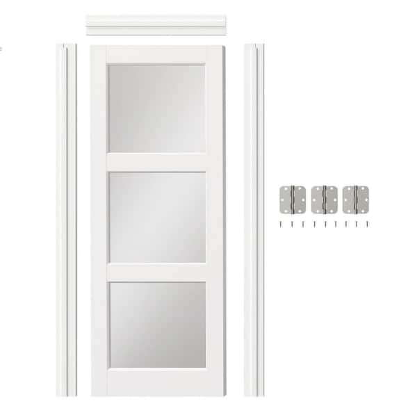 30in. x 80in. 3 Lite Mirrored Glass Composite,White Primed, MDF Prehung Interior Door Left-Handed with Jamb and Hardware