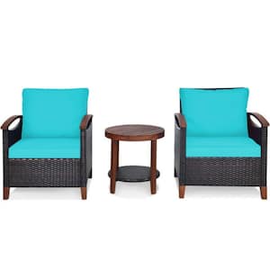 3-Pieces Outdoor Wicker Wooden Frame Patio Conversation Furniture Set with Turquoise Cushion