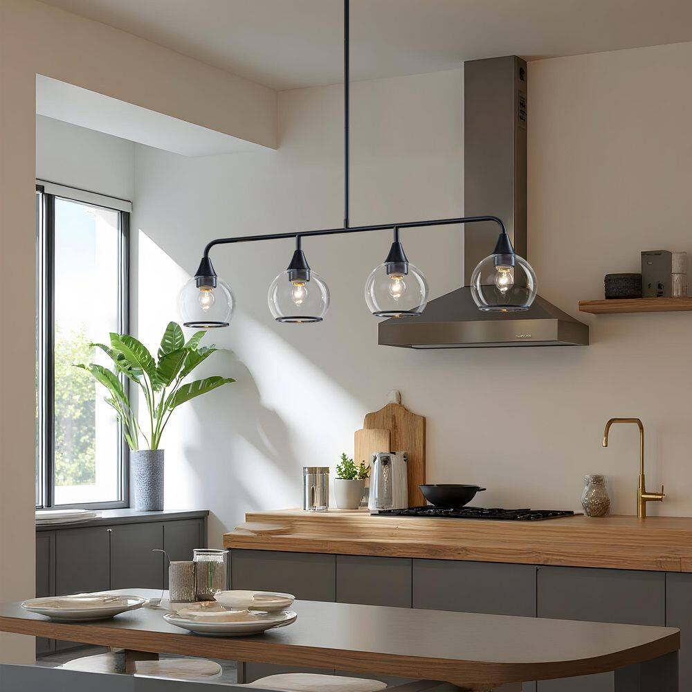 Clerio 4-Light Black Farmhouse Clear Glass Globes Kitchen Island Linear Pendant LIght price history on PriceWatchPro