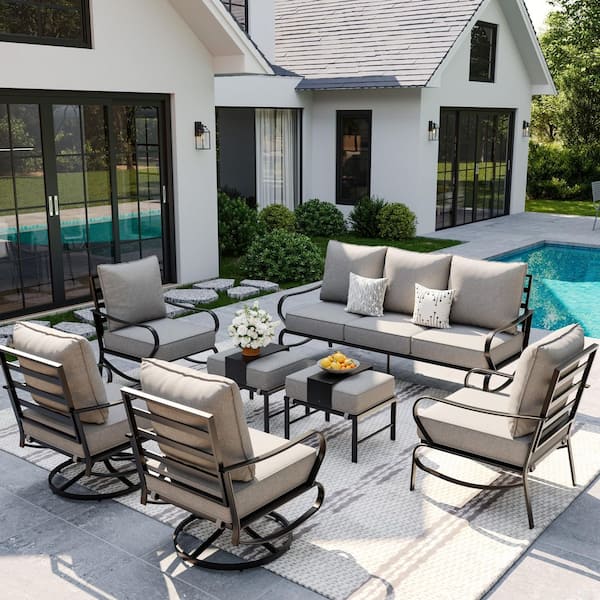 Poteban 7-Person 7-Pieces Iron Metal Material Patio Conversation Set with Gray Cushions