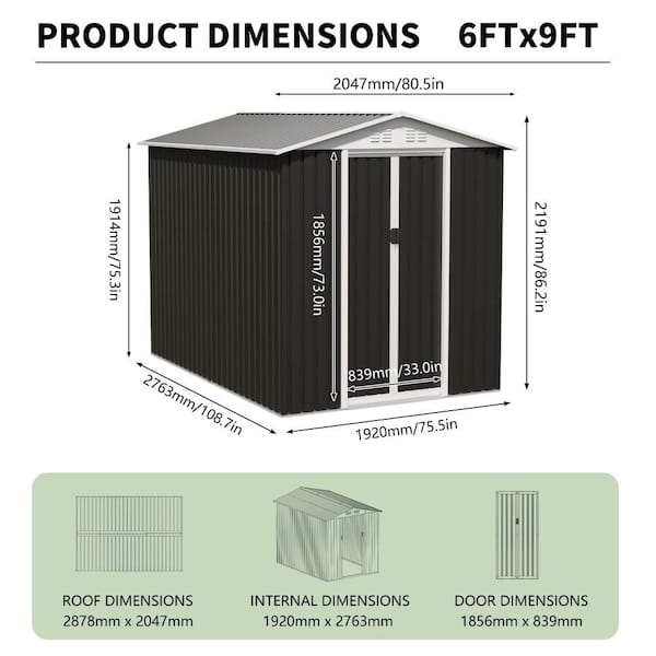 6 ft. W x 9 ft. D Apex Water Roof Grey Metal Steel Shed with Iron