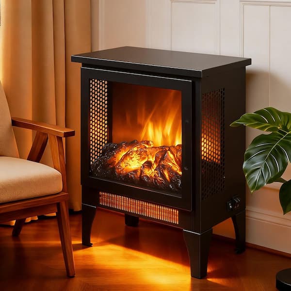 14.2 in. Freestanding Sheet Metal with Infrared Quartz Electric Fireplace with 3D Flame in Antique Black