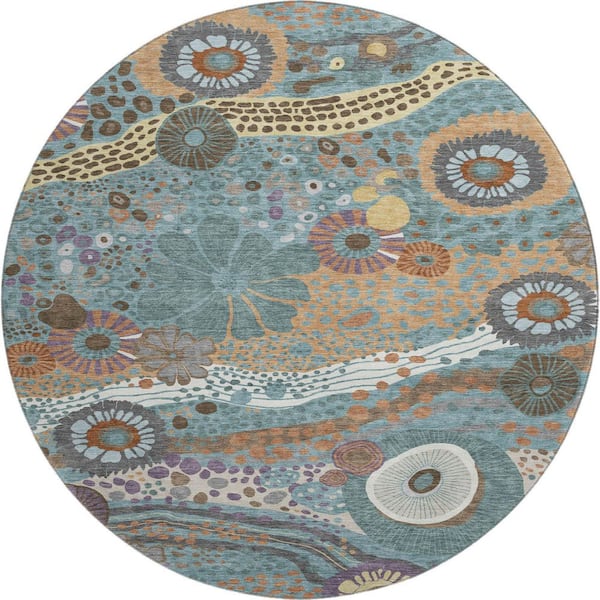 Mayfield Premium Machine Washable Abstract AMF2498 Teal 8 ft. x 8 ft. Round Rug