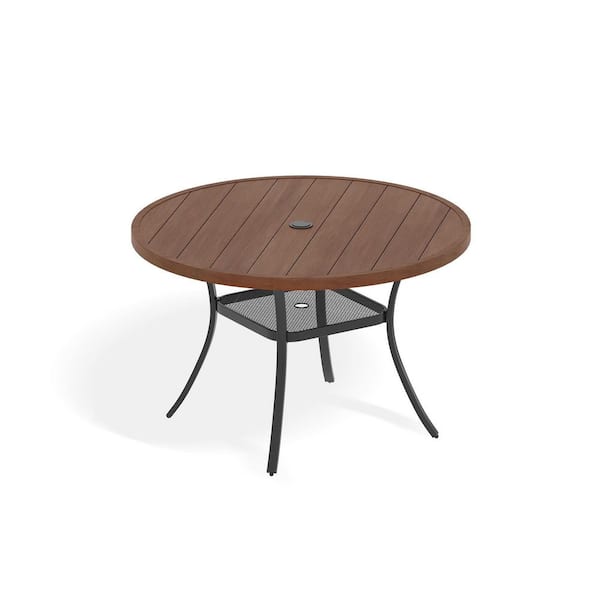 47.2 in. Round Tabletop Metal Outdoor Dining Table, Patio Table with Umbrella Hole for Garden Backyard, Walnut