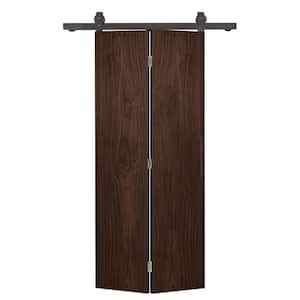 36 in. x 80 in. Walnut Stained MDF Composite Hollow Core Bi-Fold Barn Door with Sliding Hardware Kit