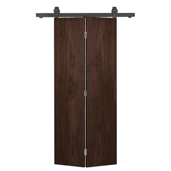 CALHOME 36 in. x 80 in. Walnut Stained MDF Composite Hollow Core Bi-Fold Barn Door with Sliding Hardware Kit