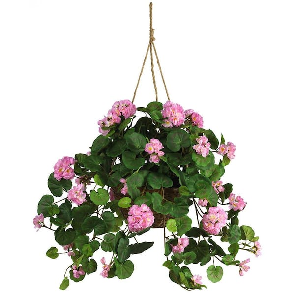 Nearly Natural 24 in. Artificial Geranium Floral Arrangment in Hanging Basket