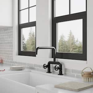 Double Handle 2-Holes Deck Mount Modern Standard Kitchen Faucet With 360 ° Swivel Spout in Matte Black