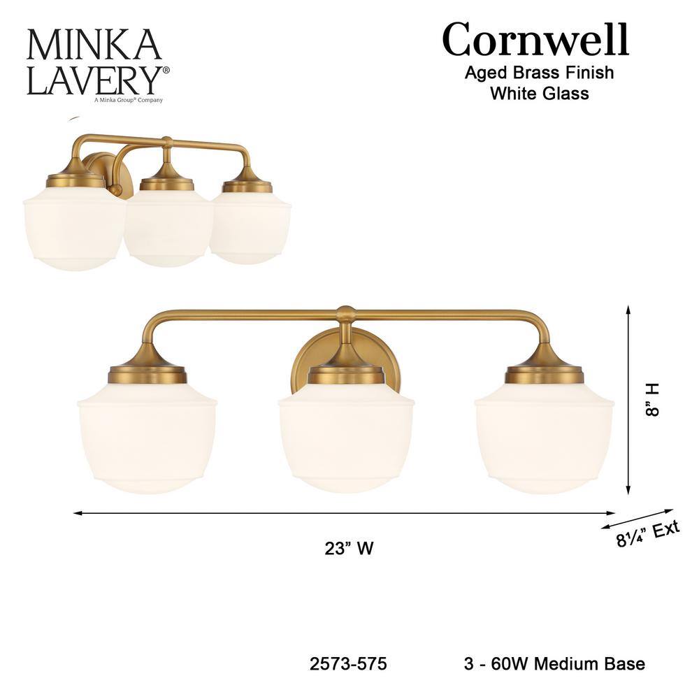 Cornwell 23" Antique Brass Vanity Light with Opal Glass Shades