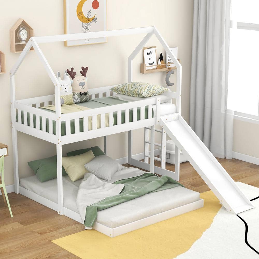 GOSALMON White Twin over Full House Bunk Bed with Slide and Built-in ...