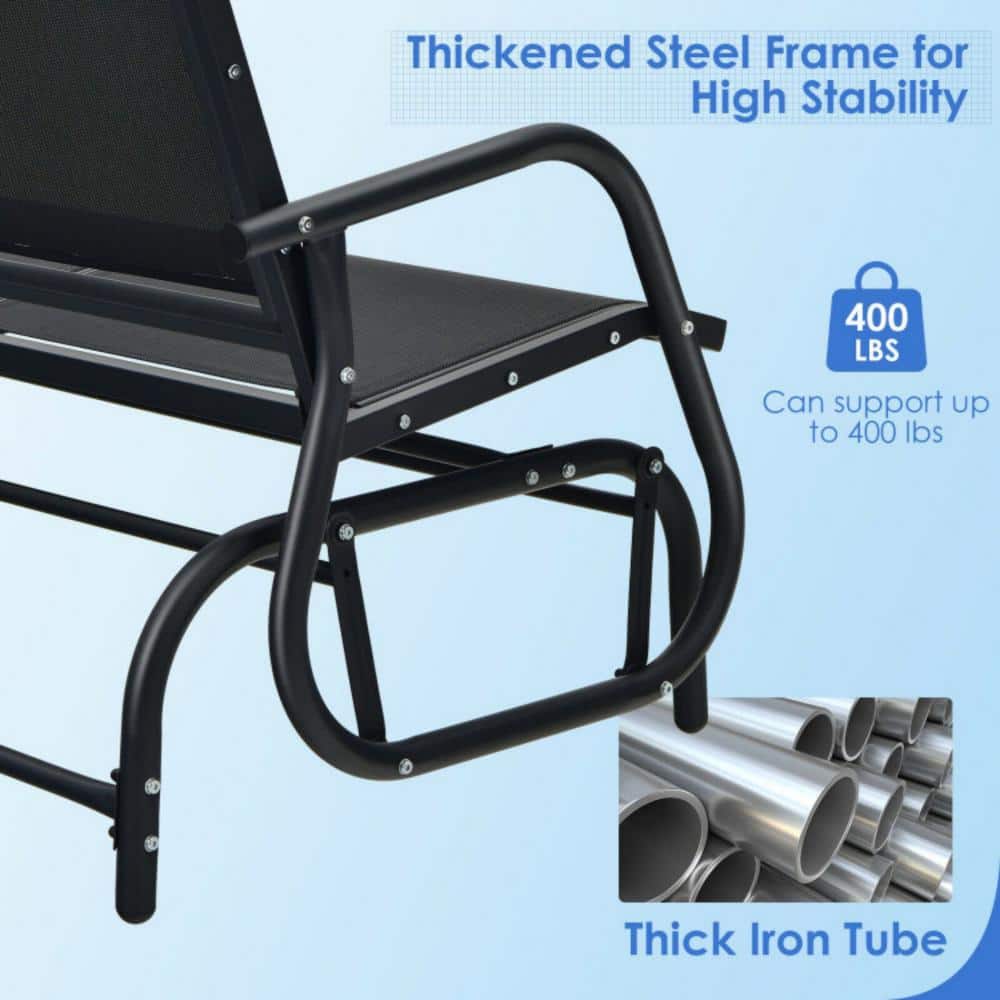 Black Steel Outdoor Glider Bench Loveseat with Mesh Fabric
