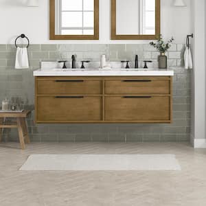 Lyndon 60 in. W x 22 in. D x 23 in. H Double Sink Floating Bath Vanity in Almond Latte with White Engineered Marble Top