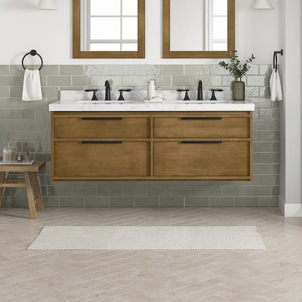 Lyndon 60 in. Double Sink Floating Almond Latte Bath Vanity with White Engineered Marble Top (Assembled)